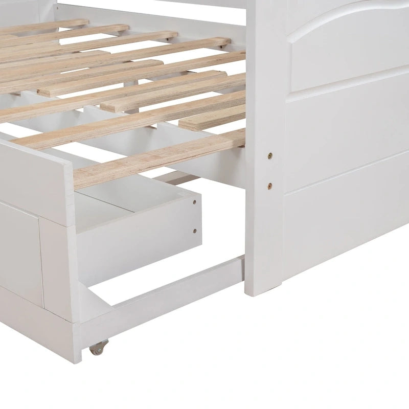 Lit de repos jumeau en pin et MDF gris/blanc/espresso avec lit gigogne escamotable et 2 tiroirs, pour 2 personnes