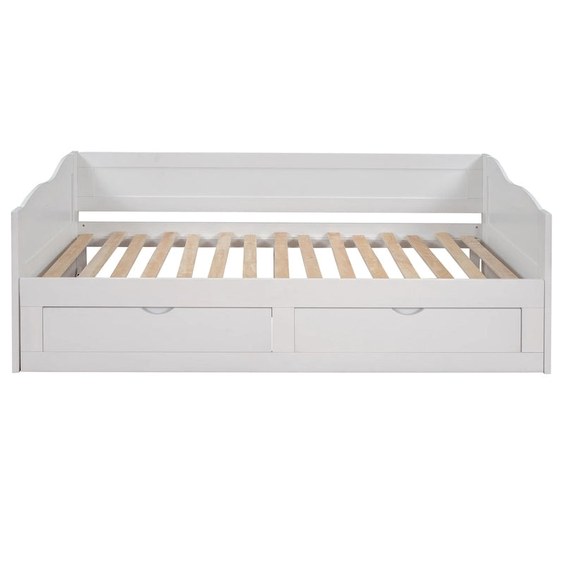 Lit de repos jumeau en pin et MDF gris/blanc/espresso avec lit gigogne escamotable et 2 tiroirs, pour 2 personnes