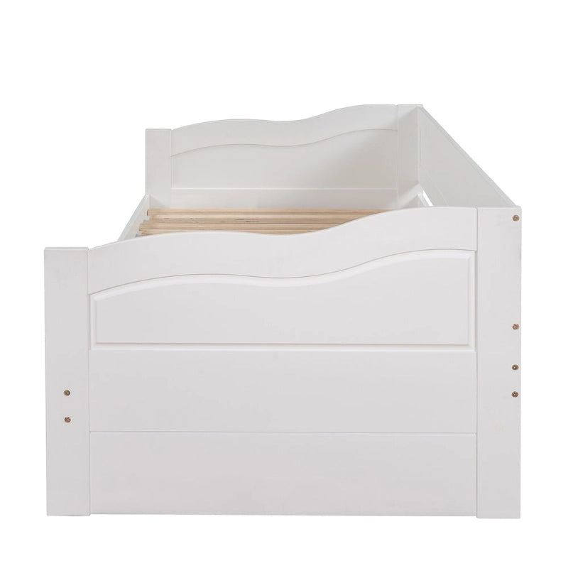 Lit de repos jumeau en pin et MDF gris/blanc/espresso avec lit gigogne escamotable et 2 tiroirs, pour 2 personnes