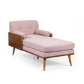 Chaise longue moderne de couleur rose pâle / gris / beige et noyer foncé, avec revêtement en polyester capitonné et pieds dorés, 1 place