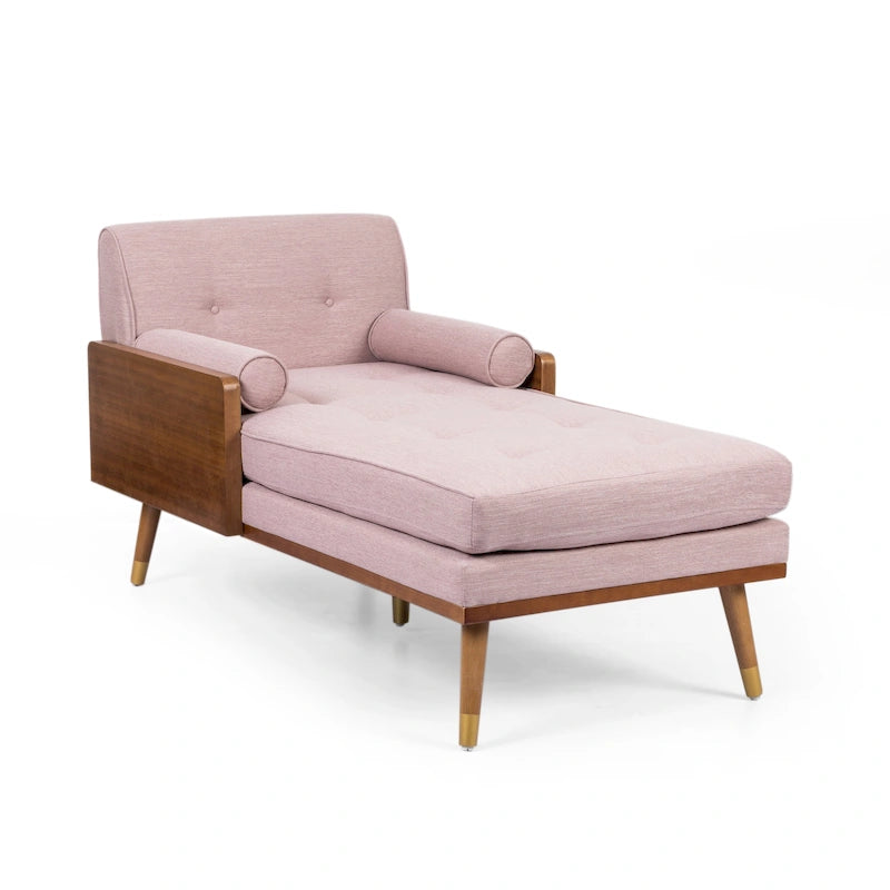 Chaise longue moderne de couleur rose pâle / gris / beige et noyer foncé, avec revêtement en polyester capitonné et pieds dorés, 1 place