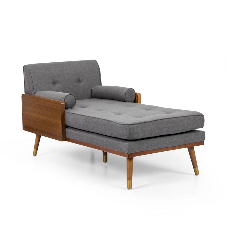 Chaise longue moderne de couleur rose pâle / gris / beige et noyer foncé, avec revêtement en polyester capitonné et pieds dorés, 1 place