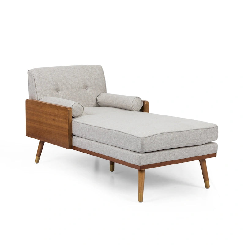 Chaise longue moderne de couleur rose pâle / gris / beige et noyer foncé, avec revêtement en polyester capitonné et pieds dorés, 1 place