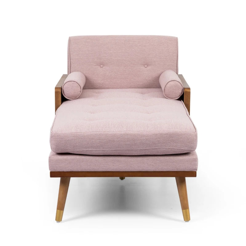 Chaise longue moderne de couleur rose pâle / gris / beige et noyer foncé, avec revêtement en polyester capitonné et pieds dorés, 1 place