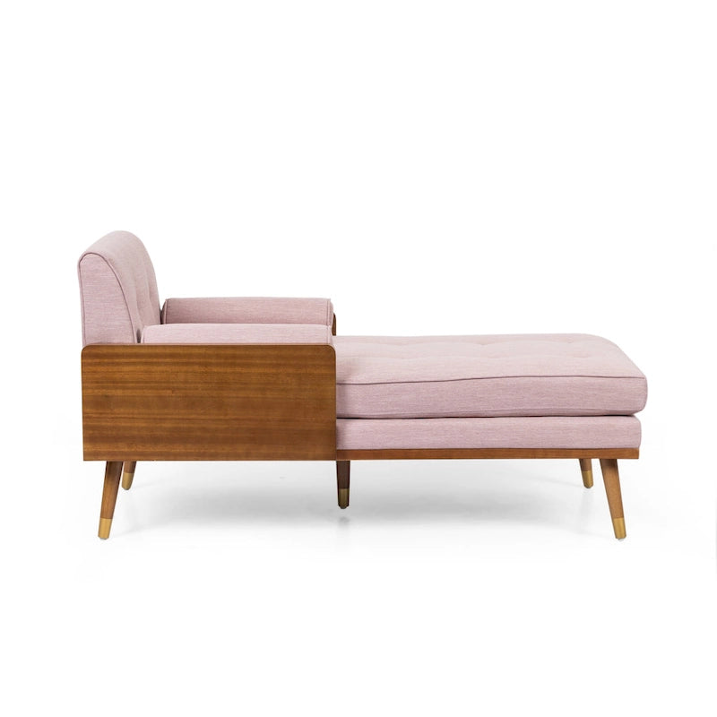 Chaise longue moderne de couleur rose pâle / gris / beige et noyer foncé, avec revêtement en polyester capitonné et pieds dorés, 1 place