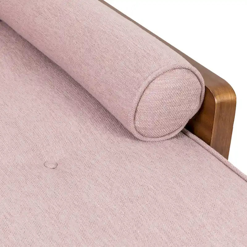 Chaise longue moderne de couleur rose pâle / gris / beige et noyer foncé, avec revêtement en polyester capitonné et pieds dorés, 1 place
