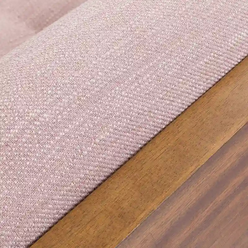 Chaise longue moderne de couleur rose pâle / gris / beige et noyer foncé, avec revêtement en polyester capitonné et pieds dorés, 1 place