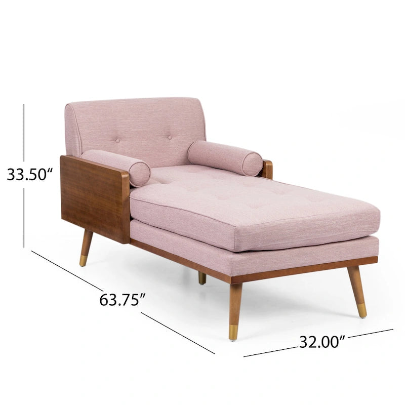 Chaise longue moderne de couleur rose pâle / gris / beige et noyer foncé, avec revêtement en polyester capitonné et pieds dorés, 1 place
