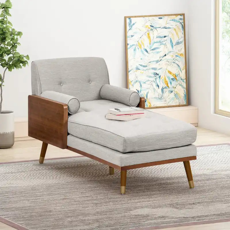 Chaise longue moderne de couleur rose pâle / gris / beige et noyer foncé, avec revêtement en polyester capitonné et pieds dorés, 1 place