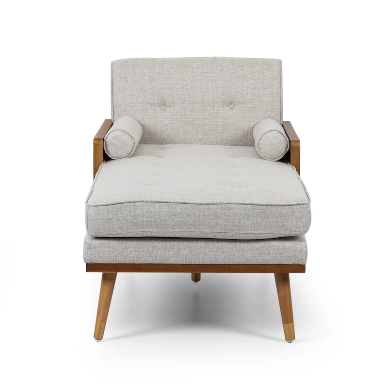 Chaise longue moderne de couleur rose pâle / gris / beige et noyer foncé, avec revêtement en polyester capitonné et pieds dorés, 1 place