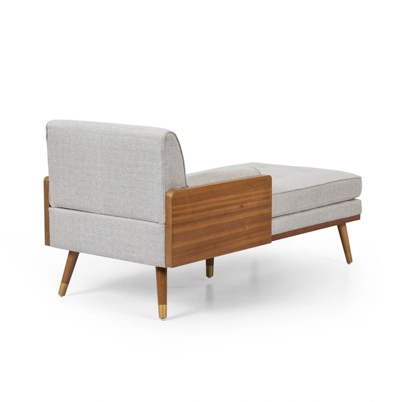 Chaise longue moderne de couleur rose pâle / gris / beige et noyer foncé, avec revêtement en polyester capitonné et pieds dorés, 1 place