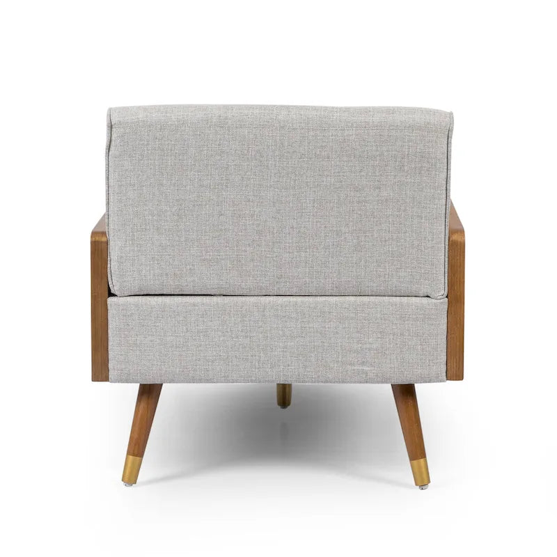 Chaise longue moderne de couleur rose pâle / gris / beige et noyer foncé, avec revêtement en polyester capitonné et pieds dorés, 1 place