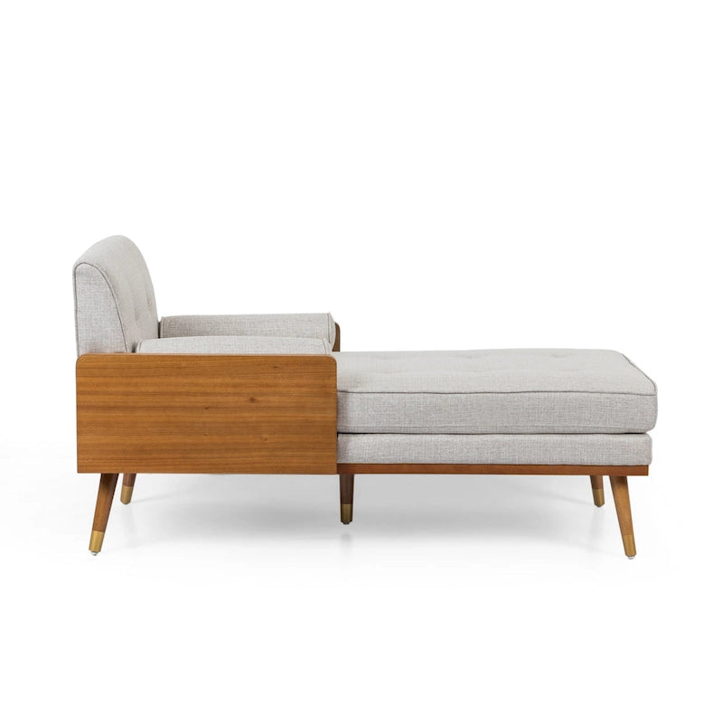 Chaise longue moderne de couleur rose pâle / gris / beige et noyer foncé, avec revêtement en polyester capitonné et pieds dorés, 1 place