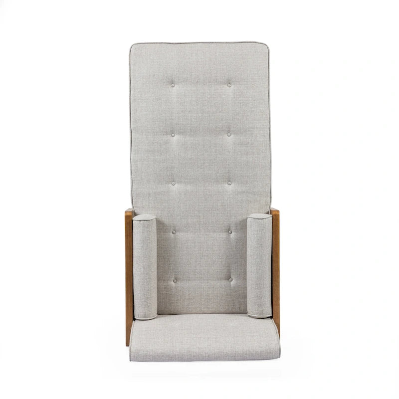 Chaise longue moderne de couleur rose pâle / gris / beige et noyer foncé, avec revêtement en polyester capitonné et pieds dorés, 1 place