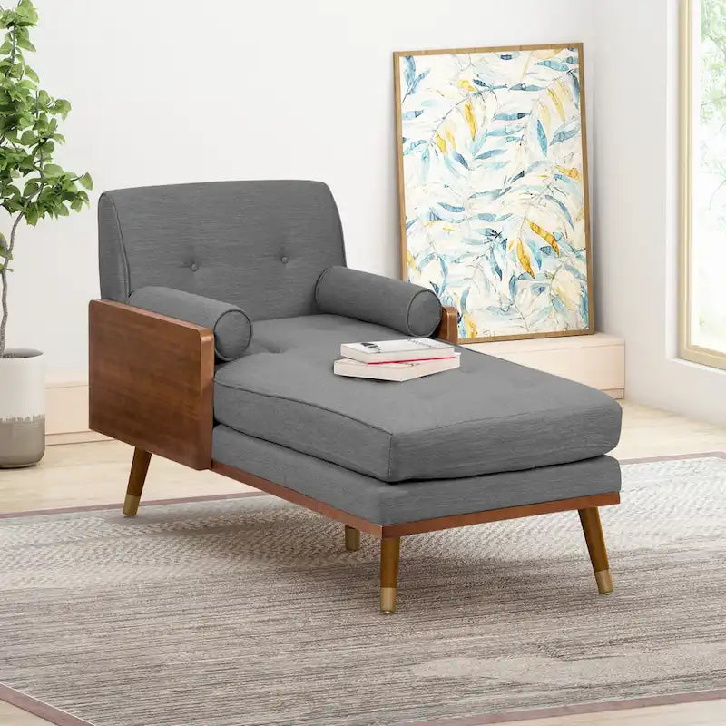 Chaise longue moderne de couleur rose pâle / gris / beige et noyer foncé, avec revêtement en polyester capitonné et pieds dorés, 1 place