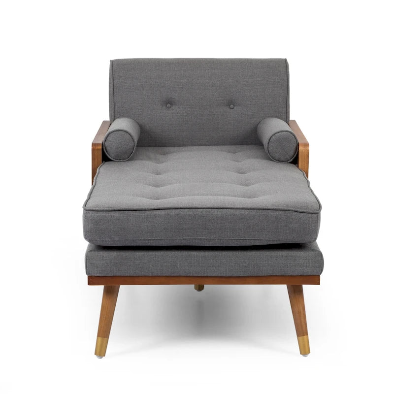 Chaise longue moderne de couleur rose pâle / gris / beige et noyer foncé, avec revêtement en polyester capitonné et pieds dorés, 1 place