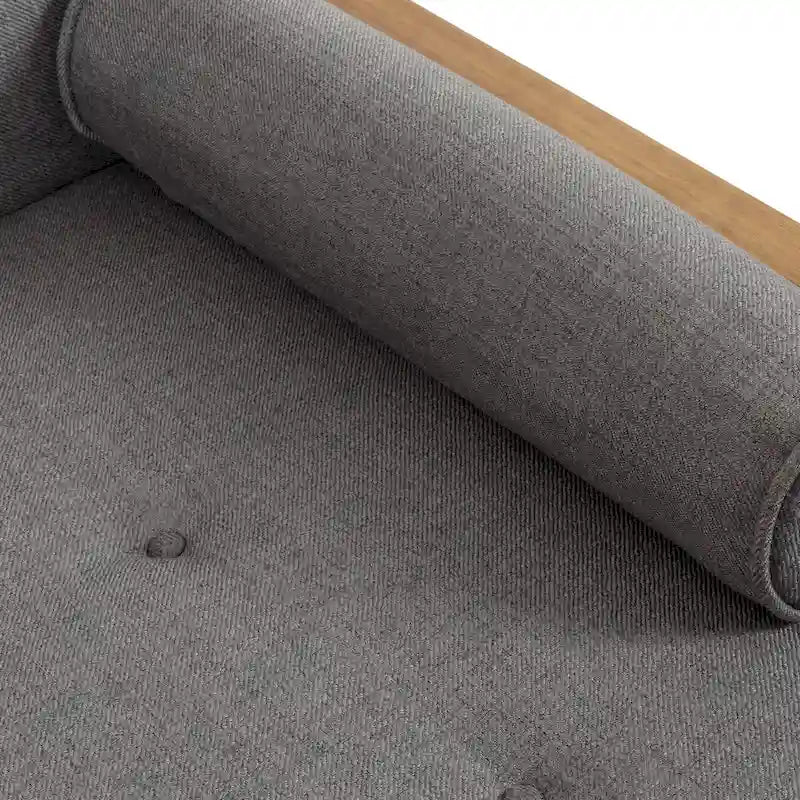 Chaise longue moderne de couleur rose pâle / gris / beige et noyer foncé, avec revêtement en polyester capitonné et pieds dorés, 1 place