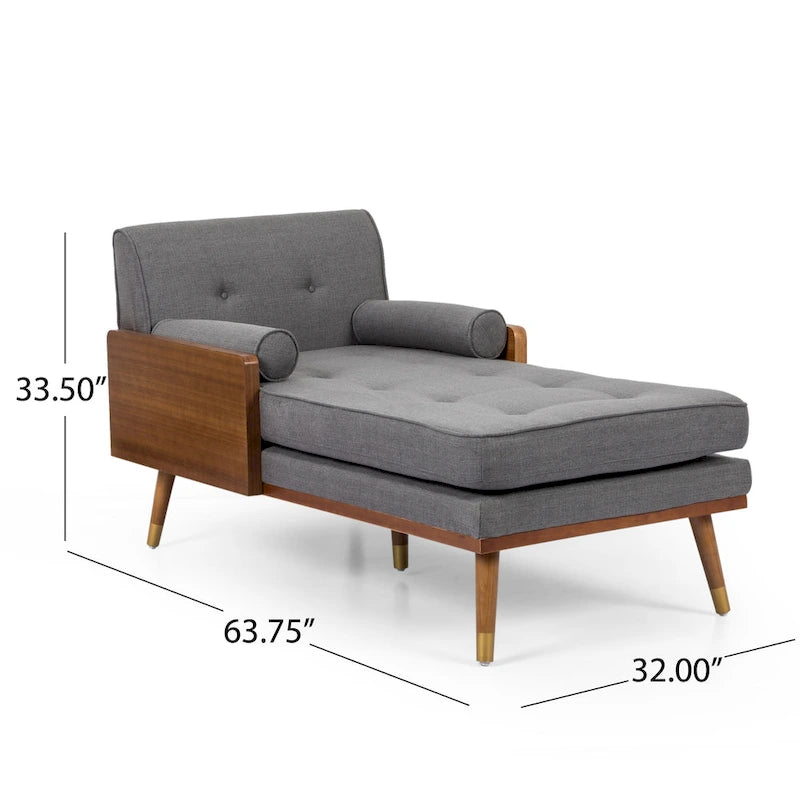 Chaise longue moderne de couleur rose pâle / gris / beige et noyer foncé, avec revêtement en polyester capitonné et pieds dorés, 1 place