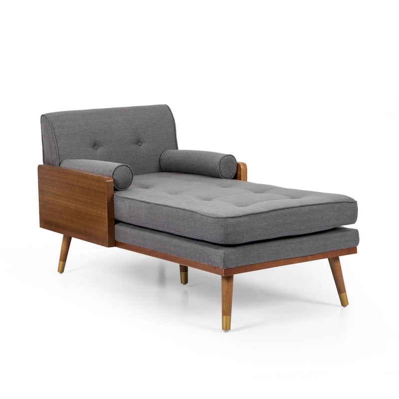 Chaise longue moderne de couleur rose pâle / gris / beige et noyer foncé, avec revêtement en polyester capitonné et pieds dorés, 1 place