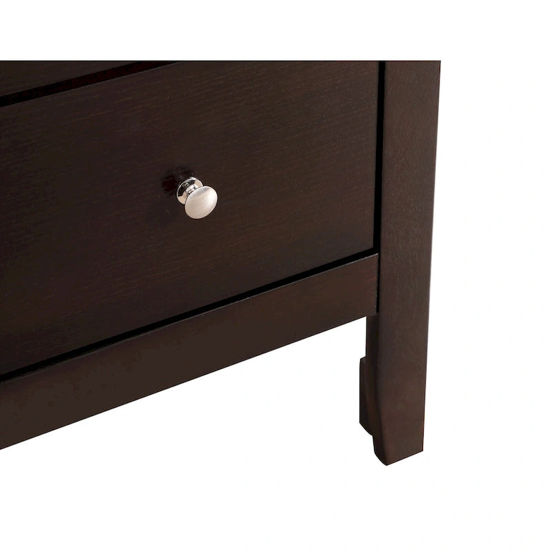 Commode de chambre 5 tiroirs cerisier / noir / blanc / argent avec glissières centrales en métal et support d'angle.
