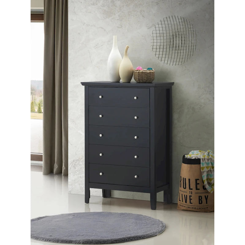 Commode de chambre 5 tiroirs cerisier / noir / blanc / argent avec glissières centrales en métal et support d'angle.