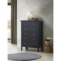 Commode de chambre 5 tiroirs cerisier / noir / blanc / argent avec glissières centrales en métal et support d'angle.