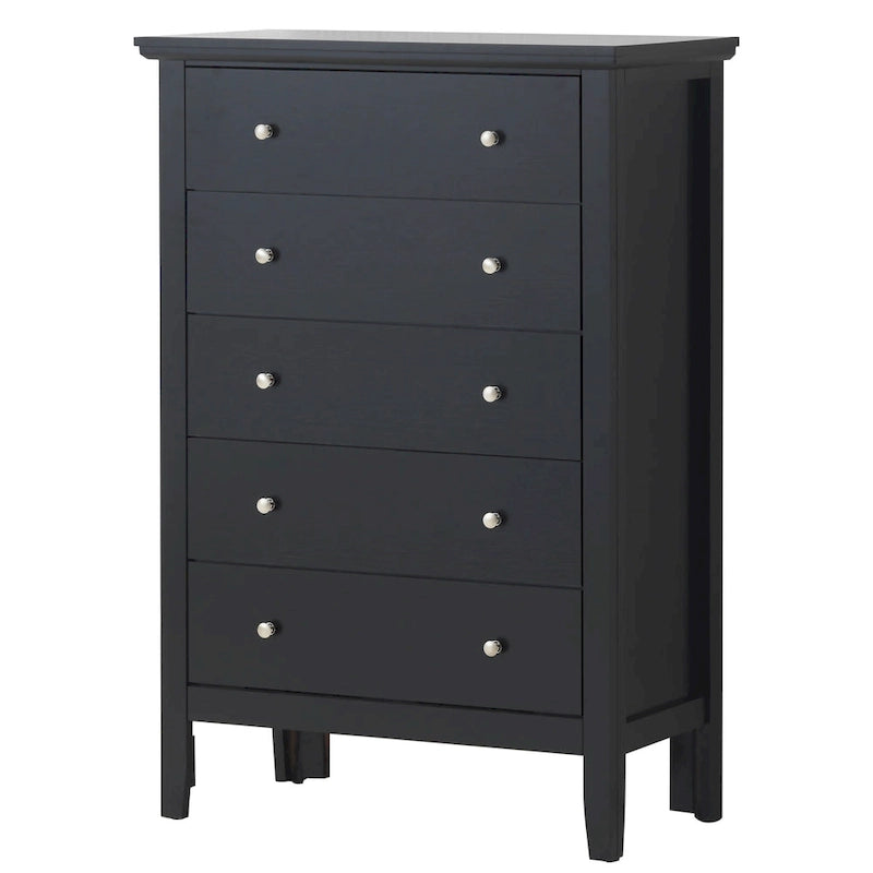 Commode de chambre 5 tiroirs cerisier / noir / blanc / argent avec glissières centrales en métal et support d'angle.