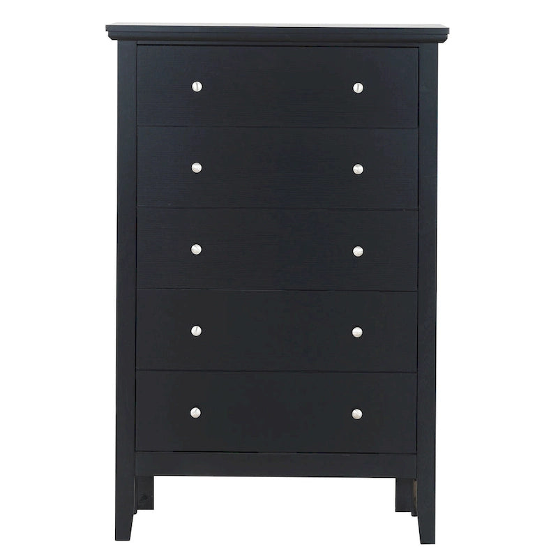 Commode de chambre 5 tiroirs cerisier / noir / blanc / argent avec glissières centrales en métal et support d'angle.