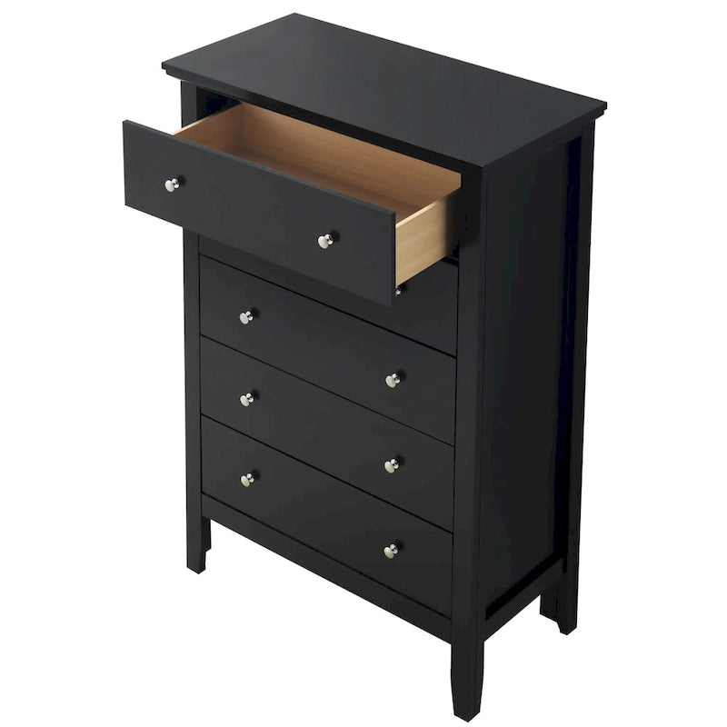 Commode de chambre 5 tiroirs cerisier / noir / blanc / argent avec glissières centrales en métal et support d'angle.