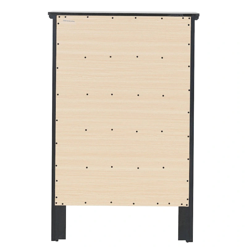 Commode de chambre 5 tiroirs cerisier / noir / blanc / argent avec glissières centrales en métal et support d'angle.