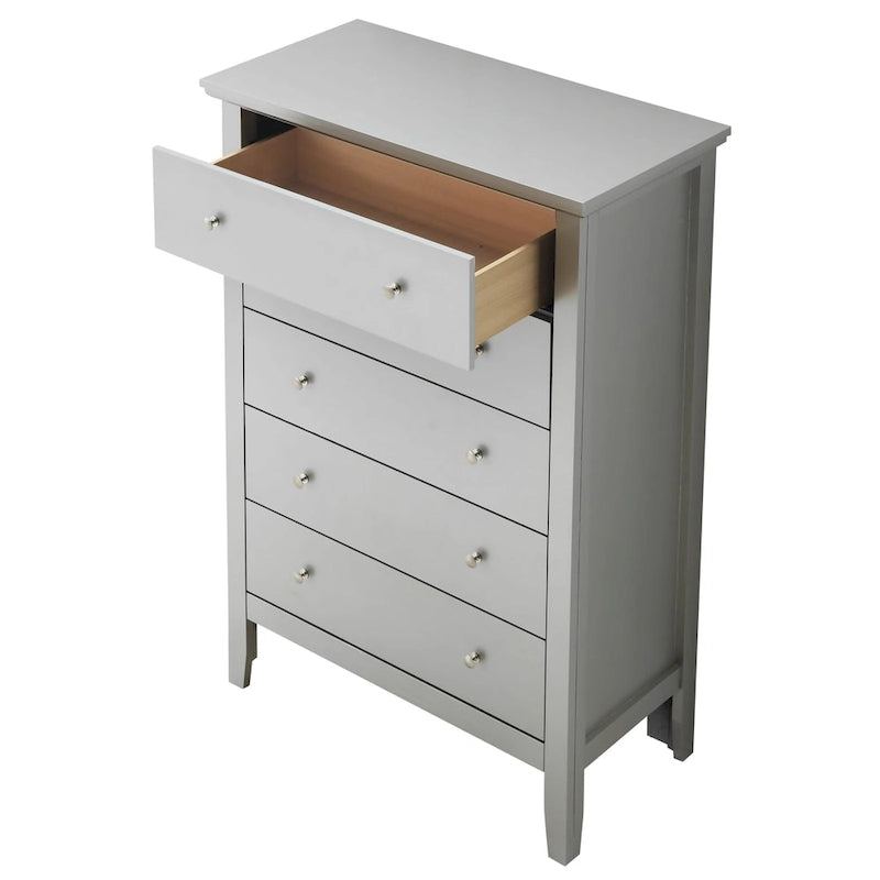 Commode de chambre 5 tiroirs cerisier / noir / blanc / argent avec glissières centrales en métal et support d'angle.