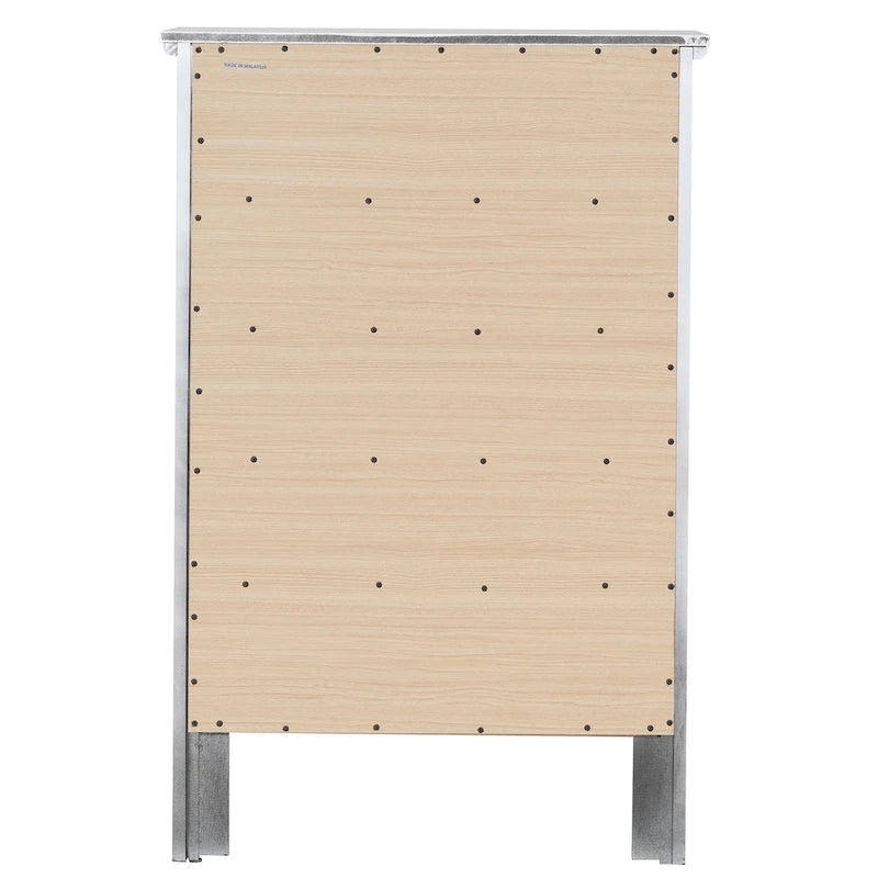 Commode de chambre 5 tiroirs cerisier / noir / blanc / argent avec glissières centrales en métal et support d'angle.