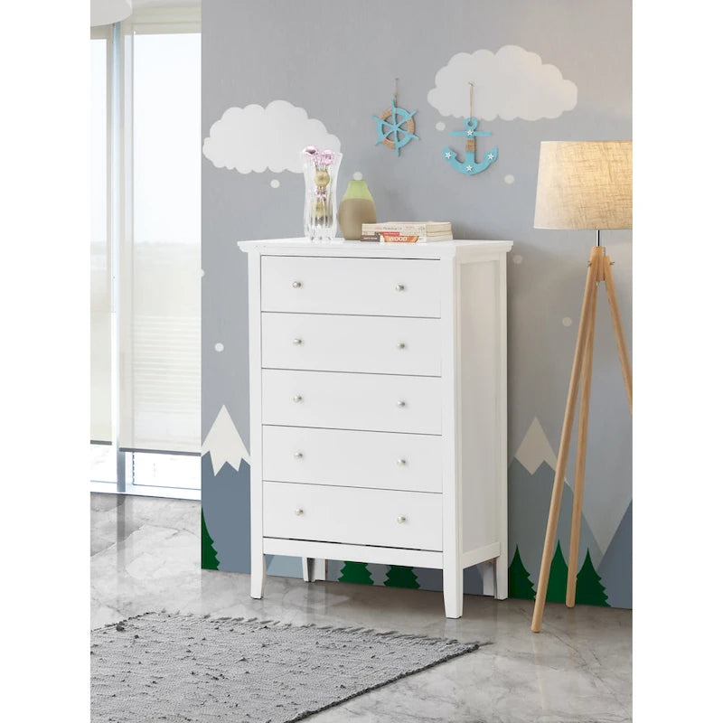 Commode de chambre 5 tiroirs cerisier / noir / blanc / argent avec glissières centrales en métal et support d'angle.