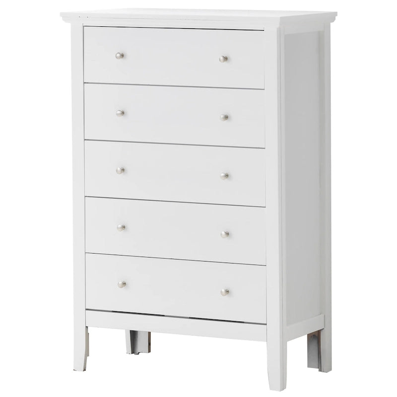 Commode de chambre 5 tiroirs cerisier / noir / blanc / argent avec glissières centrales en métal et support d'angle.