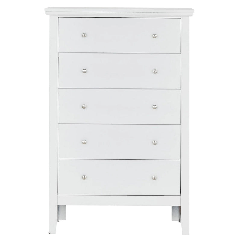 Commode de chambre 5 tiroirs cerisier / noir / blanc / argent avec glissières centrales en métal et support d'angle.
