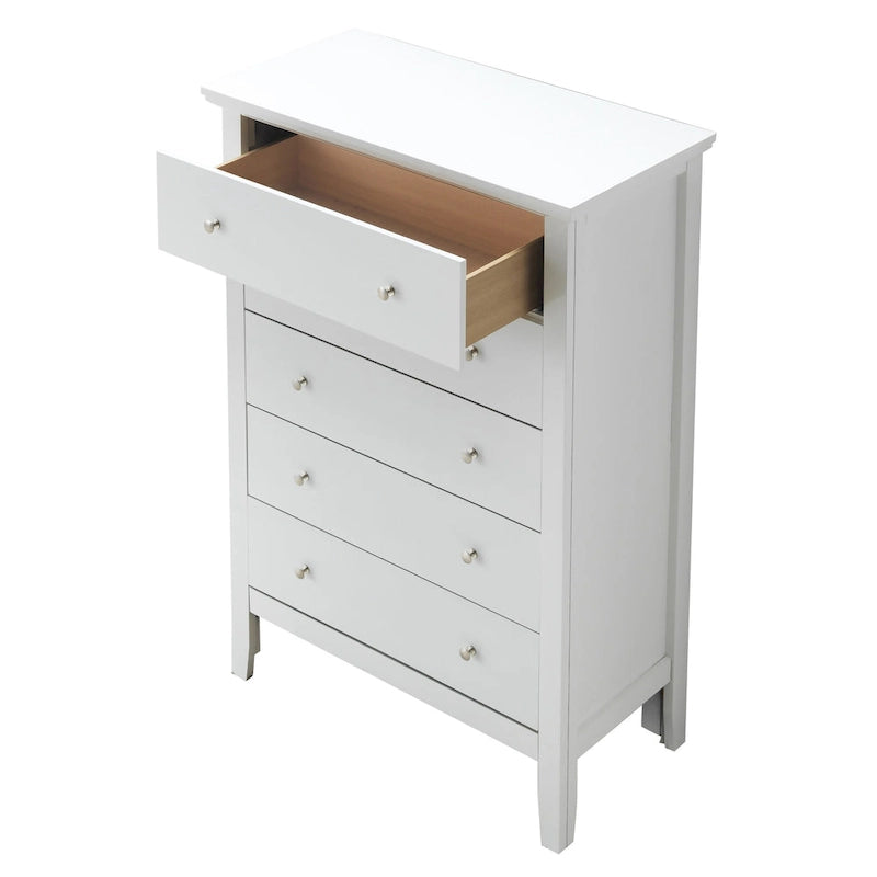 Commode de chambre 5 tiroirs cerisier / noir / blanc / argent avec glissières centrales en métal et support d'angle.