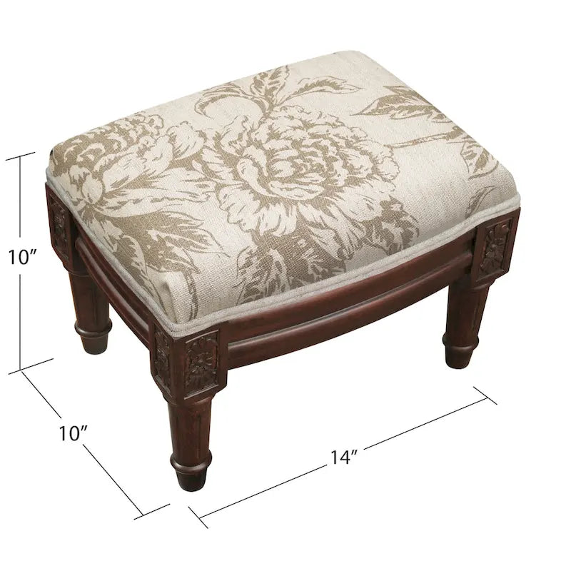Pouffe en lin imprimé taupe avec cadre en bois teinté et double passepoil