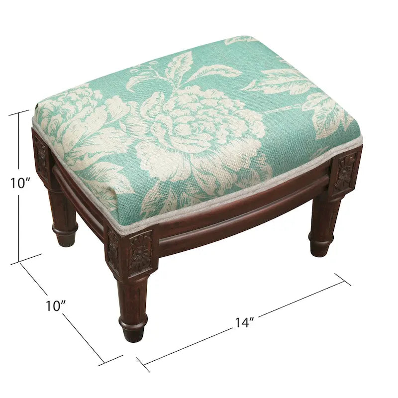Repose-pieds en lin imprimé aqua avec cadre en bois teinté et double passepoil