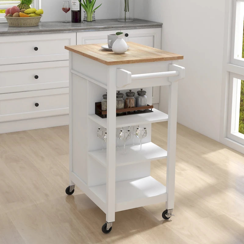 Desserte de cuisine blanche à roulettes avec 1 tiroir, 1 porte, plateau en hévéa et porte-serviettes