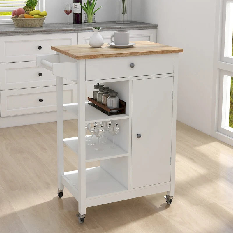 Desserte de cuisine blanche à roulettes avec 1 tiroir, 1 porte, plateau en hévéa et porte-serviettes