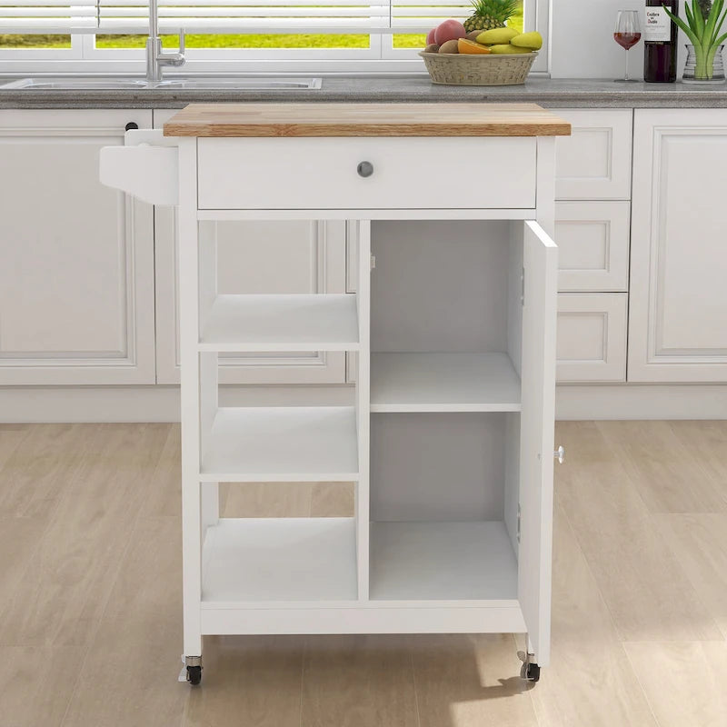 Desserte de cuisine blanche à roulettes avec 1 tiroir, 1 porte, plateau en hévéa et porte-serviettes