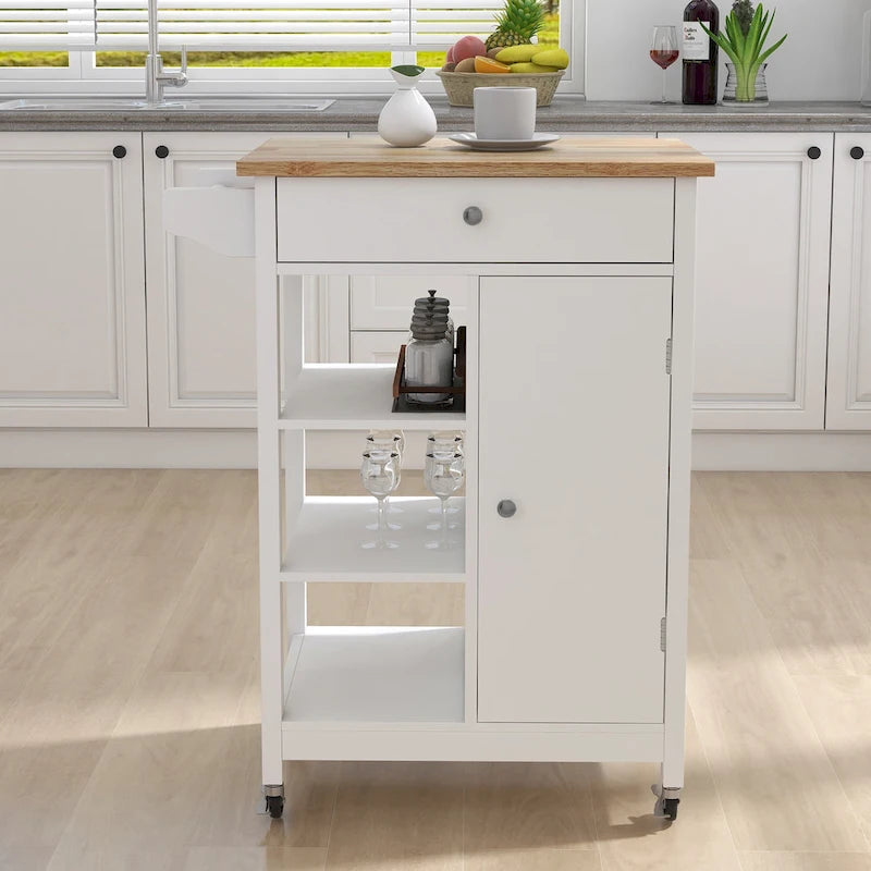 Desserte de cuisine blanche à roulettes avec 1 tiroir, 1 porte, plateau en hévéa et porte-serviettes