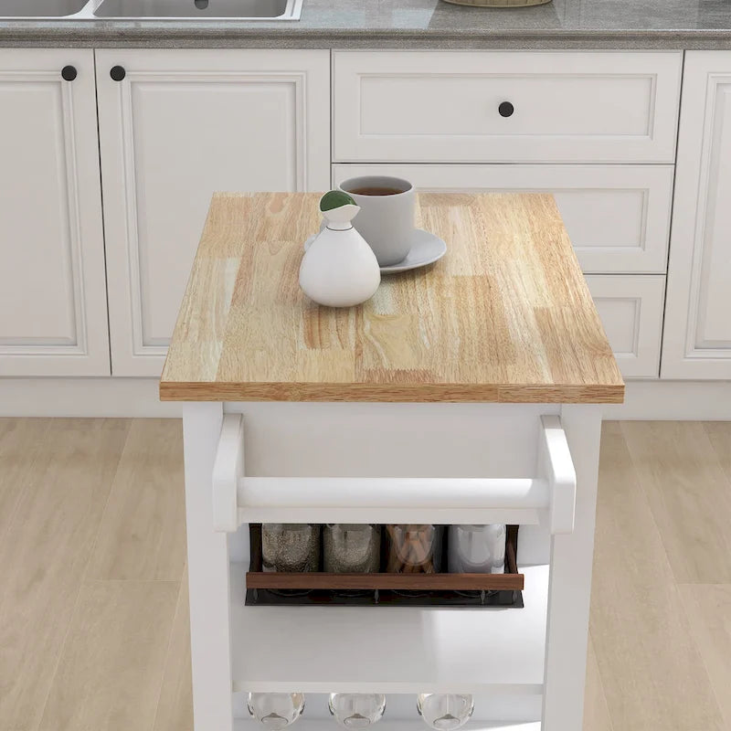 Desserte de cuisine blanche à roulettes avec 1 tiroir, 1 porte, plateau en hévéa et porte-serviettes
