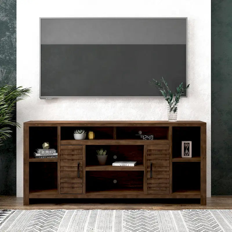 Meuble TV Whiskey en aulne noueux de 74 po avec 2 portes, 6 étagères et gestion des câbles, convient aux téléviseurs jusqu'à 85 po