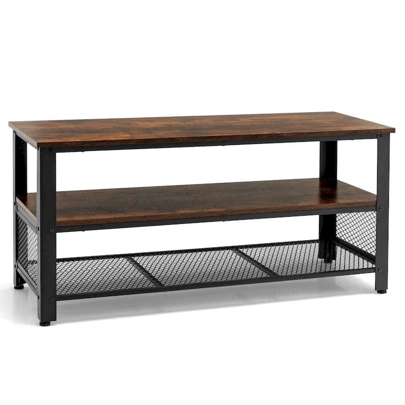 Meuble TV à étagères ouvertes à 3 niveaux en bois manufacturé marron rustique et noir, pour téléviseurs jusqu'à 50 po