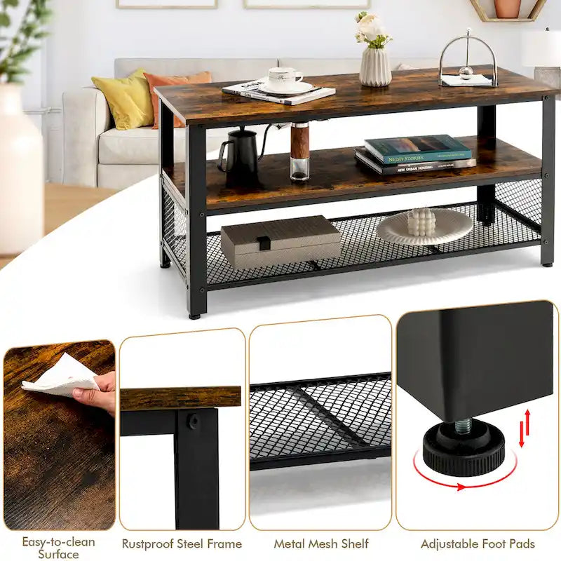 Meuble TV à étagères ouvertes à 3 niveaux en bois manufacturé marron rustique et noir, pour téléviseurs jusqu'à 50 po