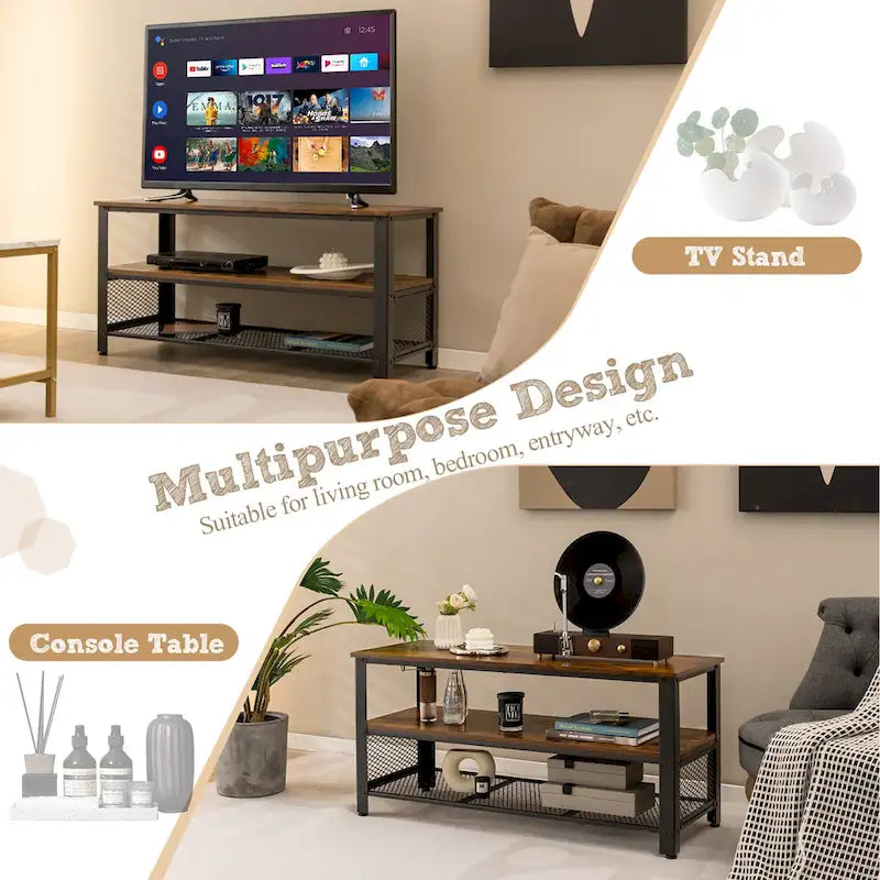 Meuble TV à étagères ouvertes à 3 niveaux en bois manufacturé marron rustique et noir, pour téléviseurs jusqu'à 50 po