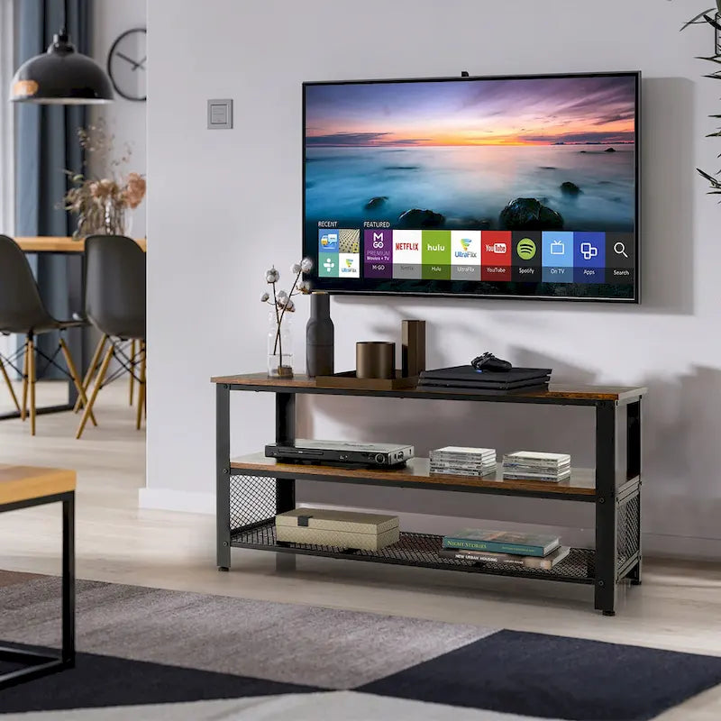 Meuble TV à étagères ouvertes à 3 niveaux en bois manufacturé marron rustique et noir, pour téléviseurs jusqu'à 50 po