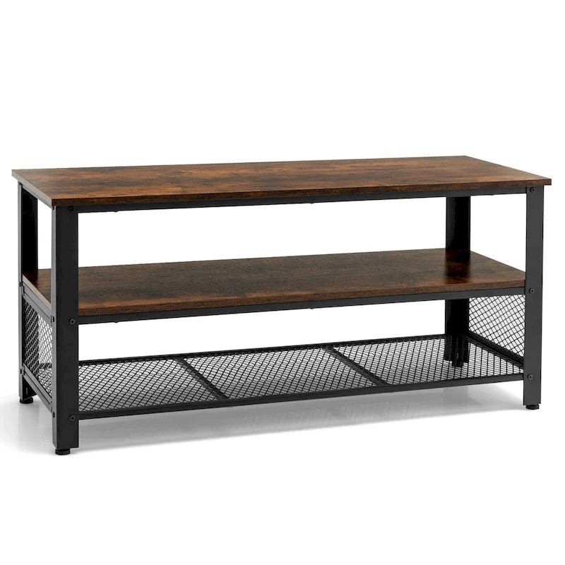 Meuble TV à étagères ouvertes à 3 niveaux en bois manufacturé marron rustique et noir, pour téléviseurs jusqu'à 50 po