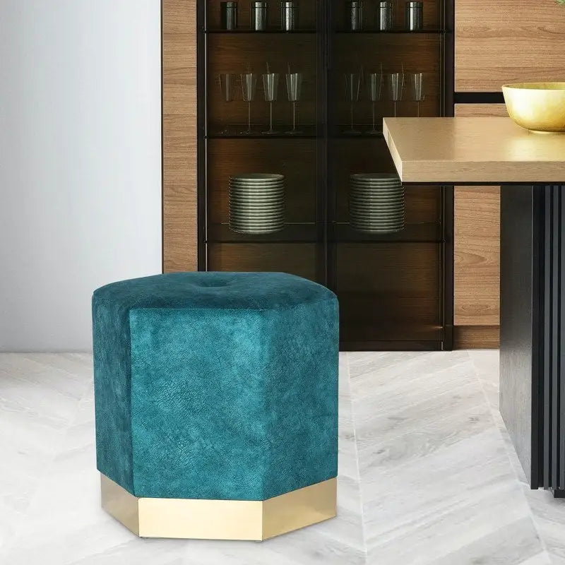Ottoman / Tabouret de Coiffeuse Hexagonal en Daim Bleu avec Base Métallique, Moyen